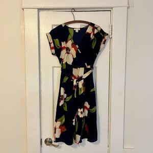 Navy Blue Short Sleeve V Neck Dress Faux Wrap S